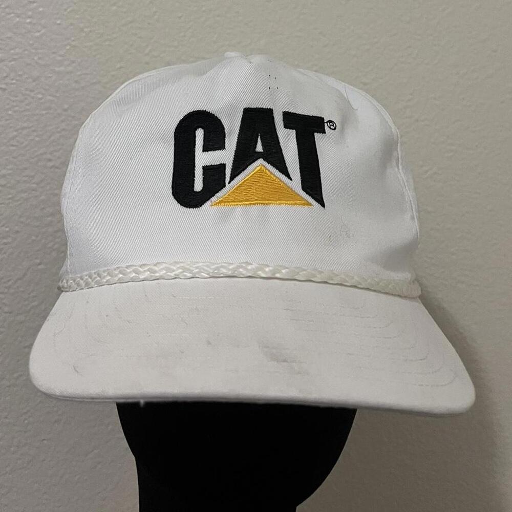 VTG Caterpillar Trucker‎ Hat Cap White CAT Strapback Adjustable Rope USA